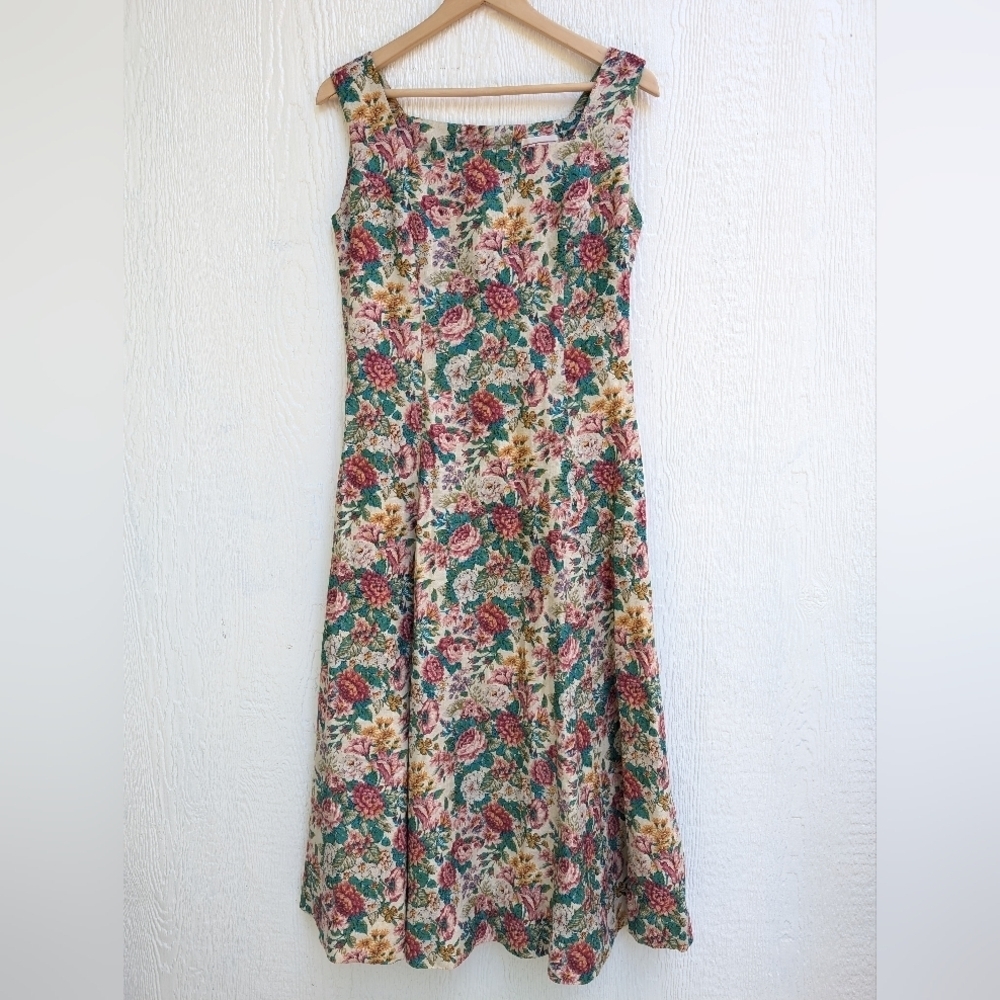 Talbots Floral A-Line Dress in Green, Red, Cream